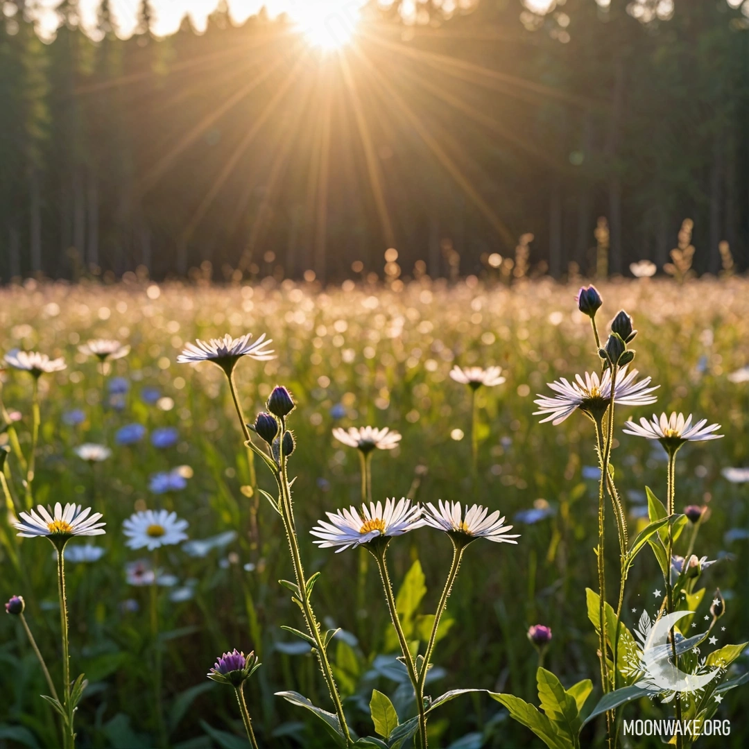 Крупный план нежных цветов в спокойном поле на фоне размытых лесных оттенков с солнечными лучами на закате.