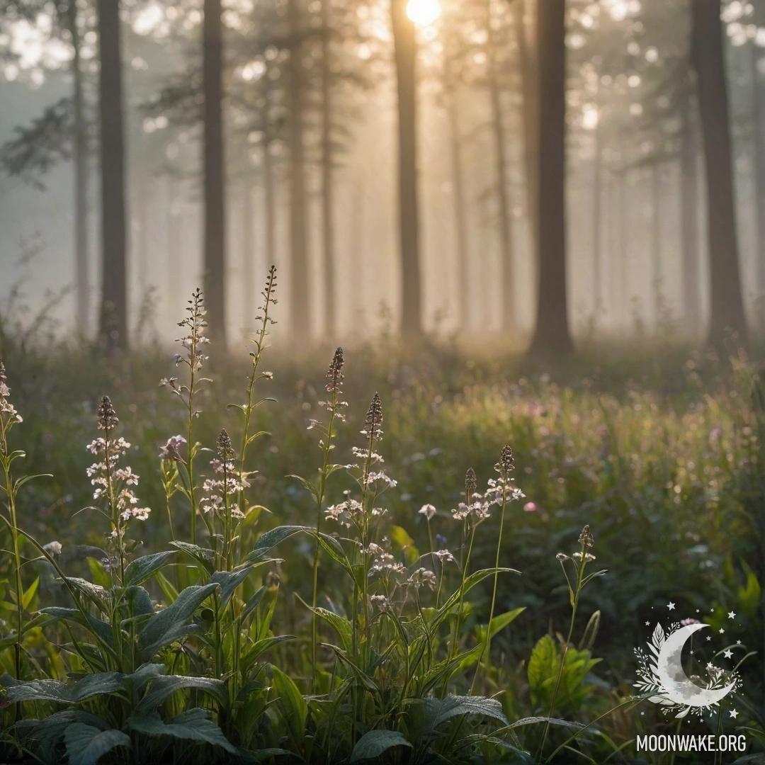 Ближний план ярких цветов на спокойном поле, на фоне размытого леса с солнечными лучами, пробивающимися сквозь туман.