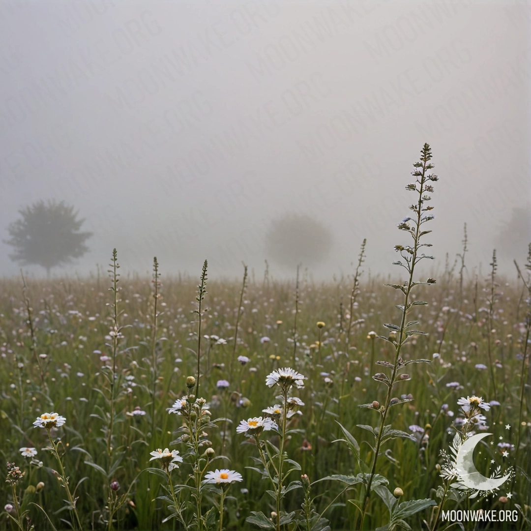Крупный план цветов на поле с размытым небом и густым туманом.