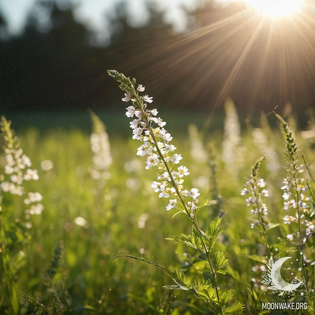 Крупный план нежных цветов на спокойном поле, с размытым фоном из ярких бутонов и мягкими солнечными лучами, пронизывающими воздух.
