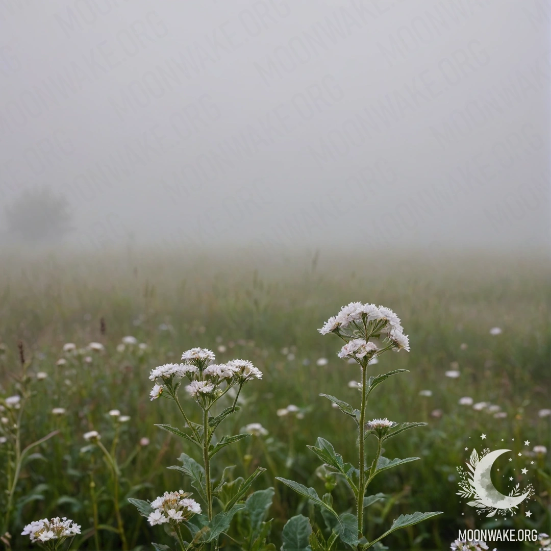 Крупный план цветов на спокойном поле с размытым небом и облаками в густом тумане.