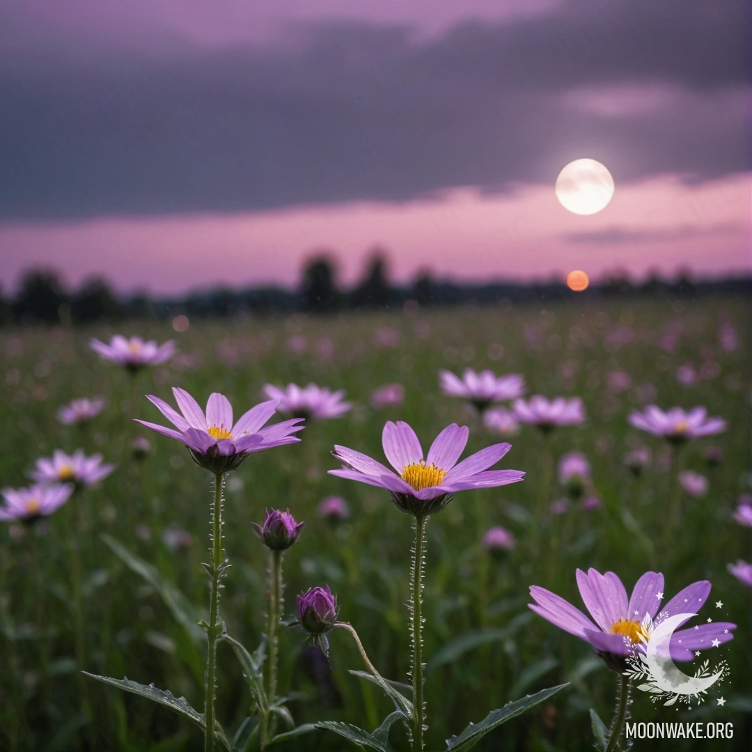 Крупный план разноцветных полевых цветов на фоне розово-фиолетового неба с луной.