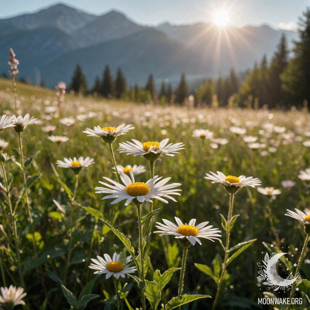 Крупный план нежных цветов с размытыми горами на заднем плане и солнечными лучами, освещающими сцену.