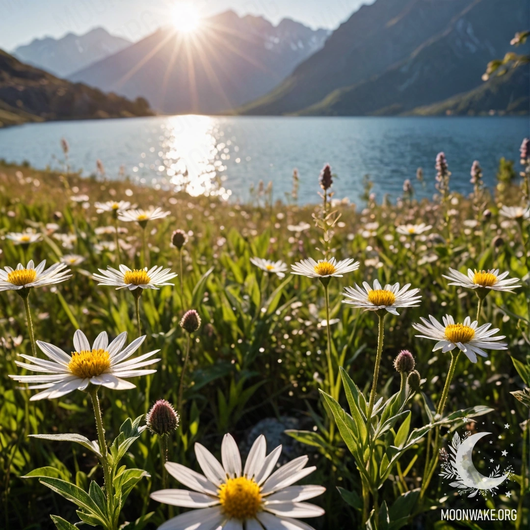 Крупный план нежных цветов на спокойном поле с размытым фоном горного озера, освещённого солнечными лучами.