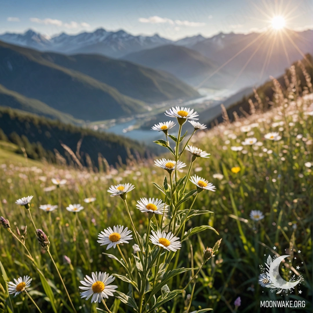 Крупный план нежных полевых цветов на спокойном фоне гор, освещённых солнечными лучами.