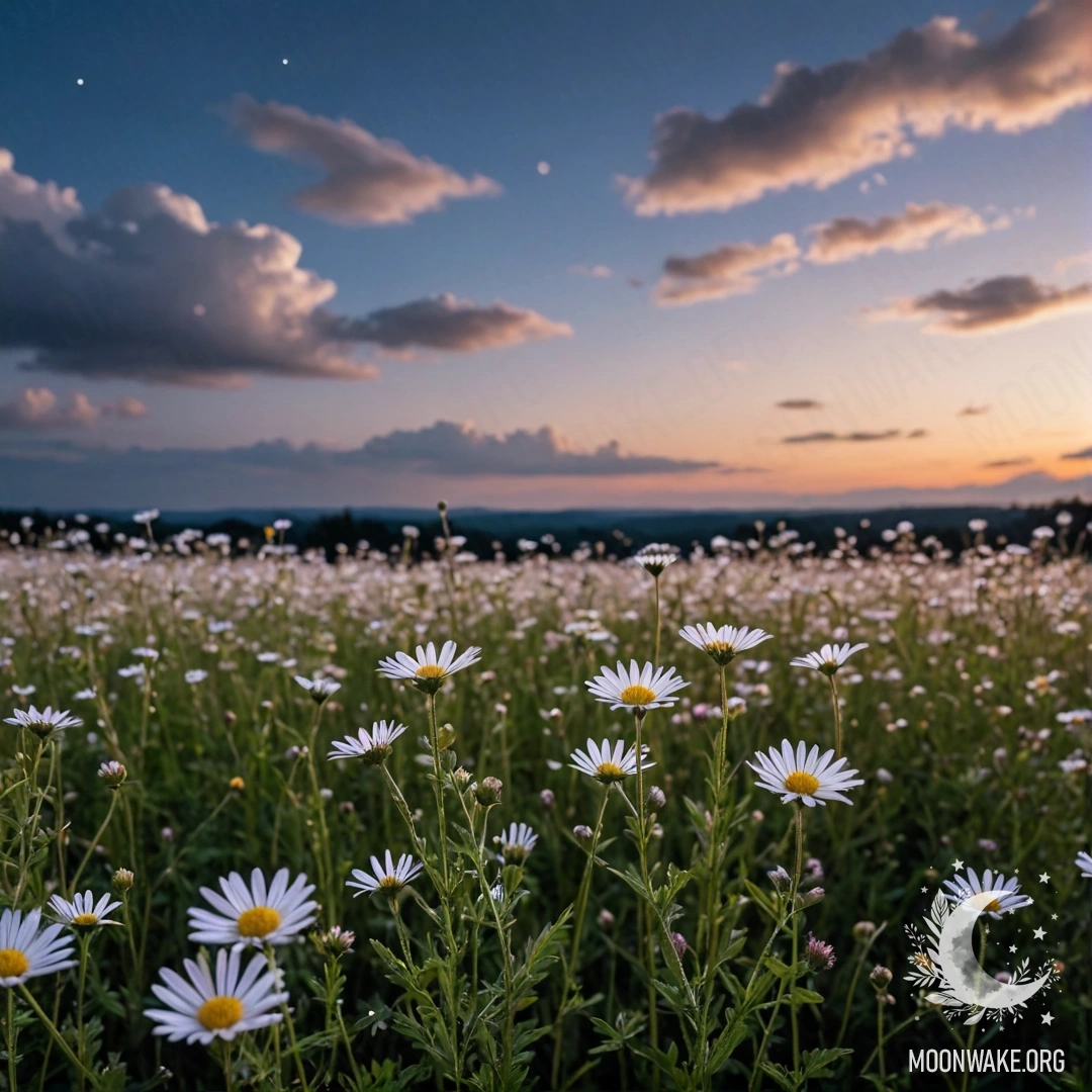 Крупный план цветов в спокойном поле на фоне размытого ночного неба с облаками.
