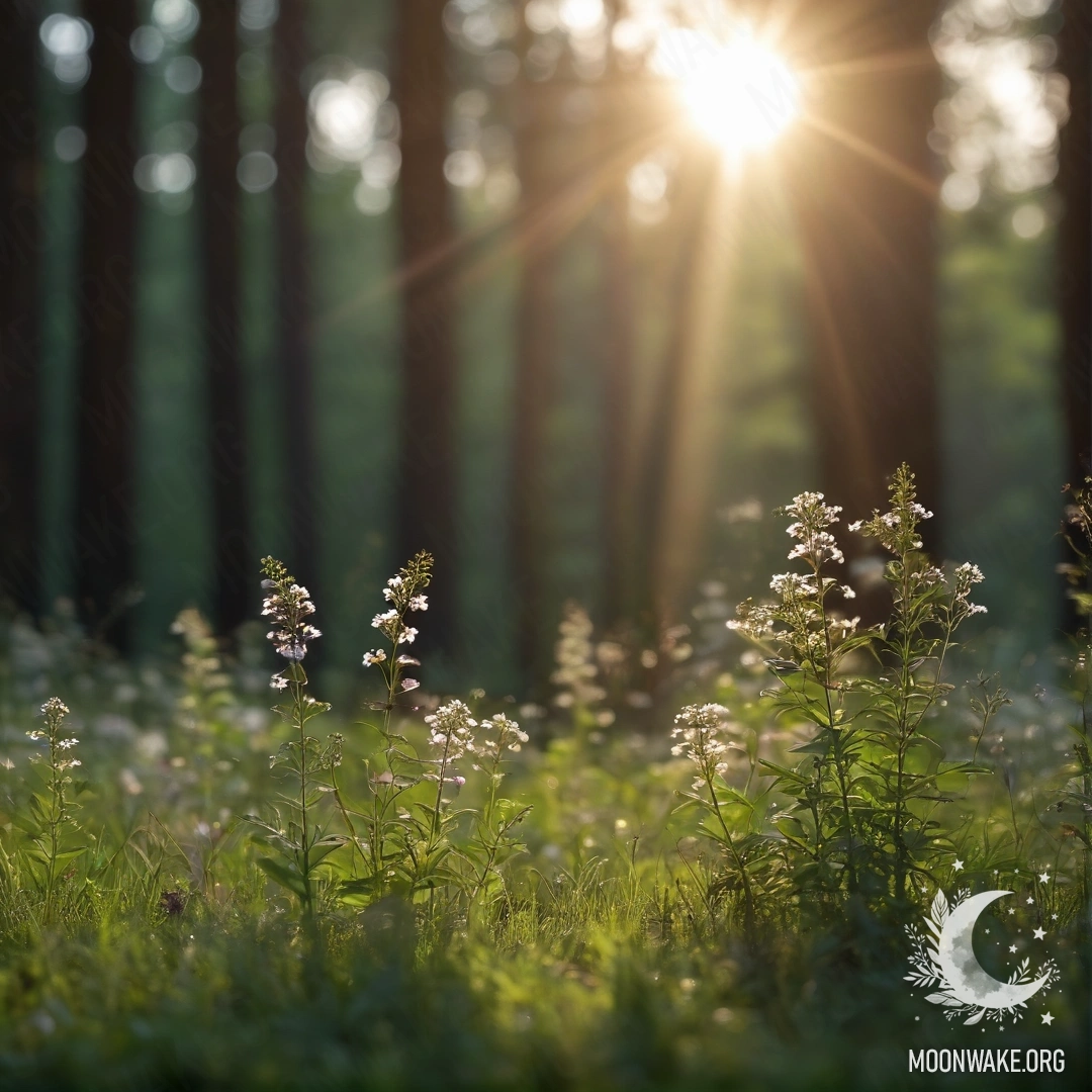 Крупный план ярких цветов на спокойном поле, за которым размытый лес, освещенный солнечными лучами ночью.