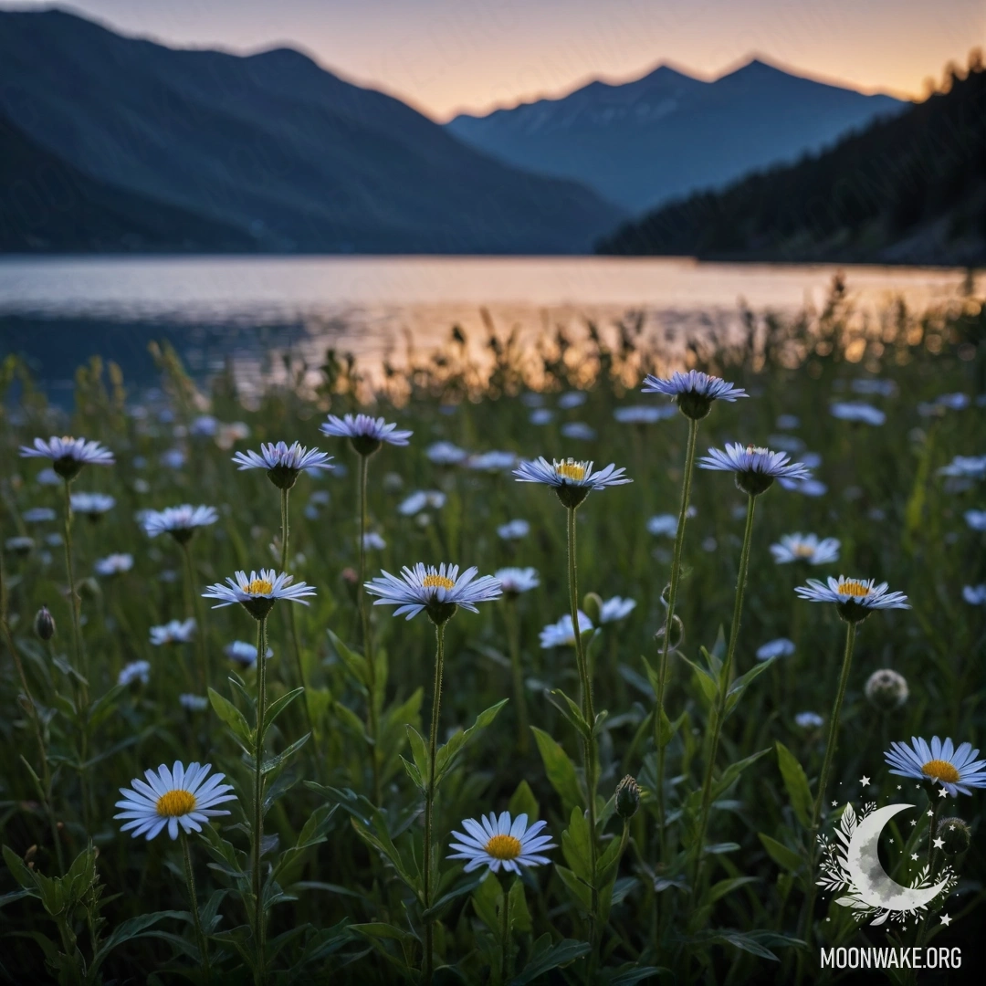 Крупный план нежных цветов на спокойном поле с мерцающим озером на фоне ночного неба.