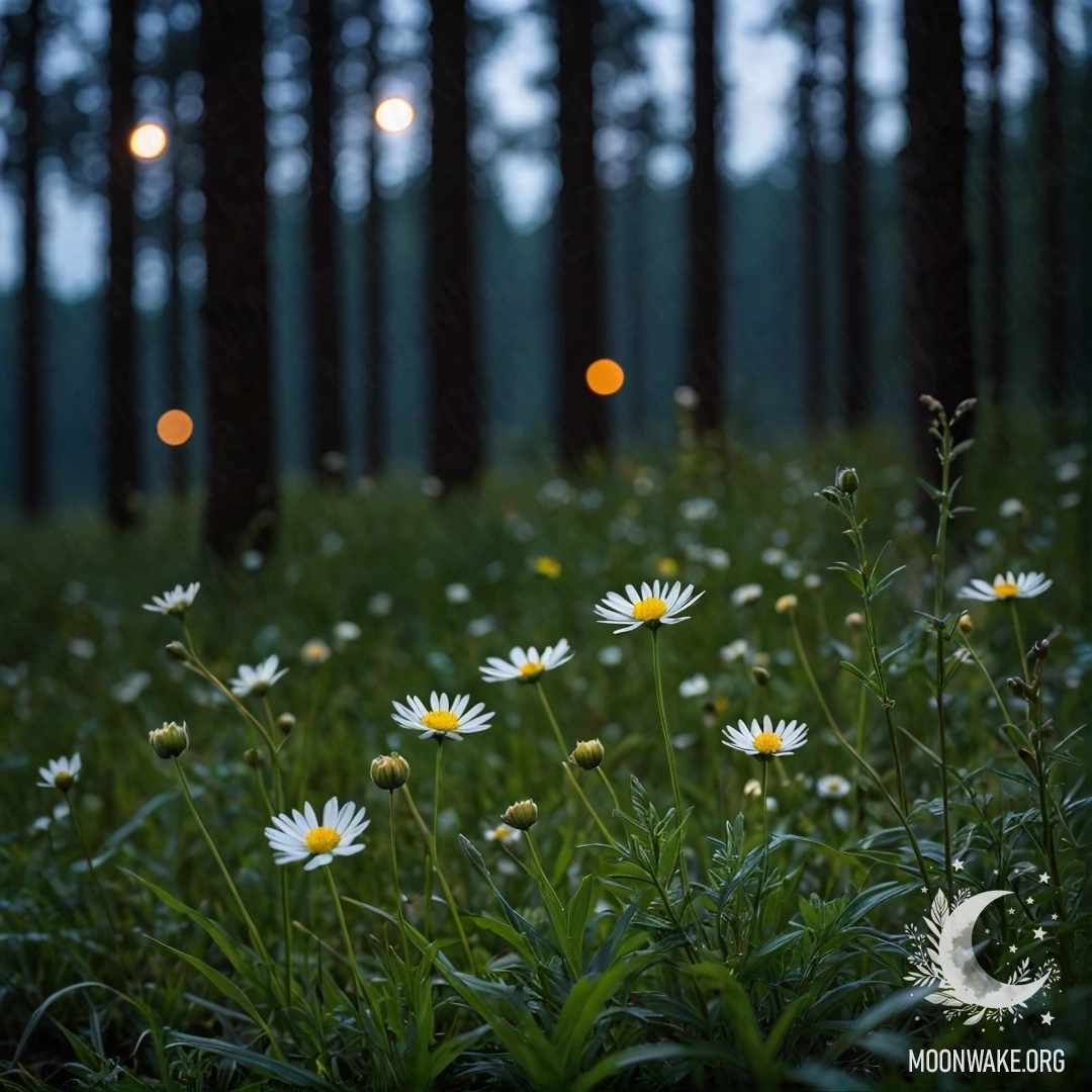 Крупный план нежных цветов на спокойном поле с размытым фоном леса ночью.
