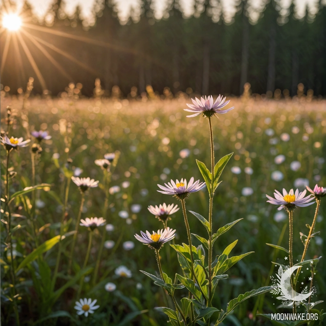 Крупный план цветов в спокойном поле с размытым лесным фоном на закате.