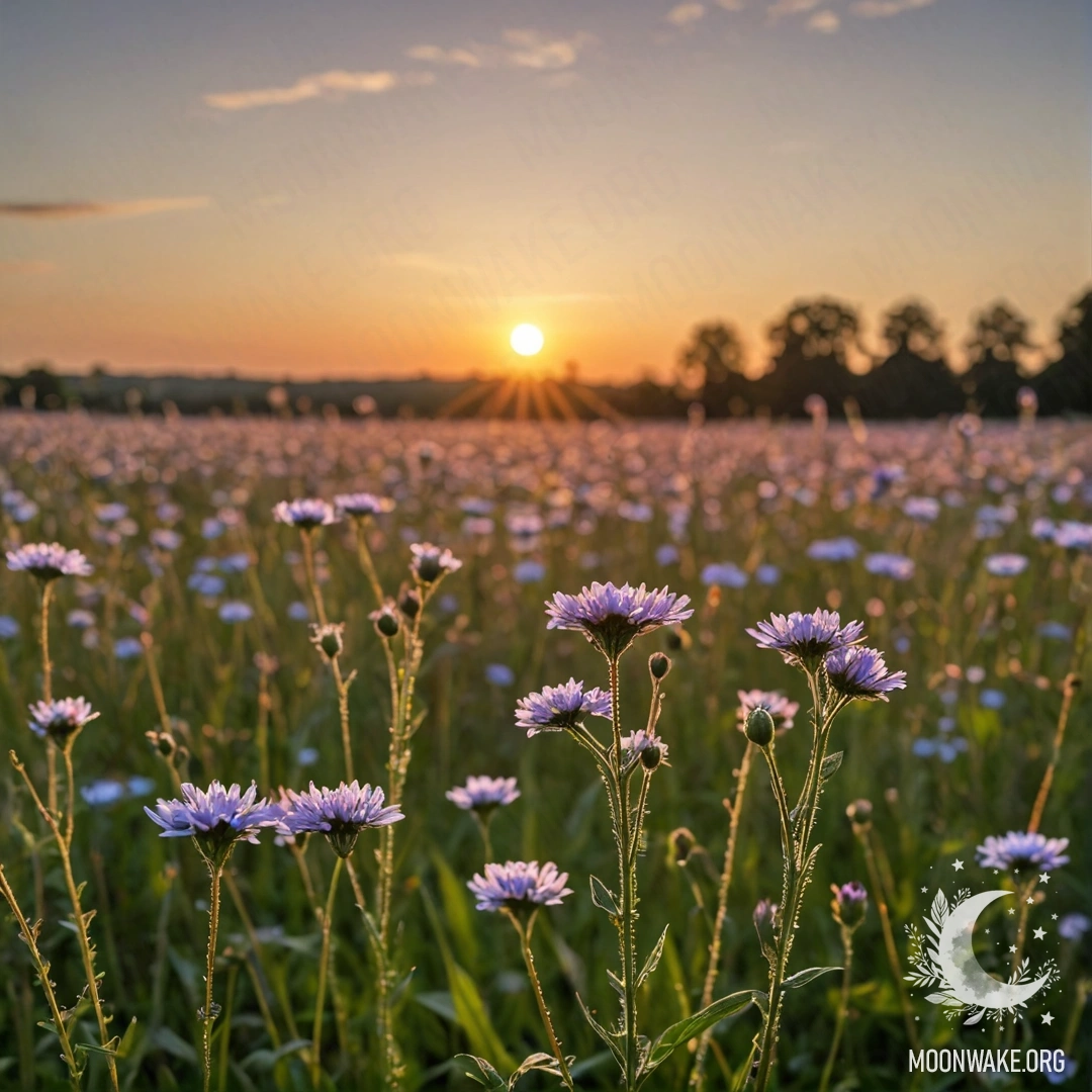 Крупный план ярких цветов на спокойном поле под боке небом на закате.