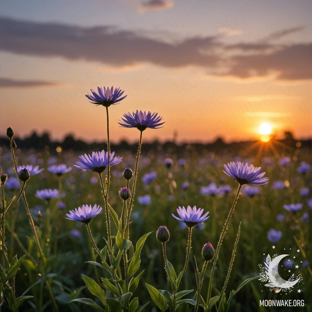 Крупный план полевых цветов на фоне мягко размытых солнечных лучей заката.