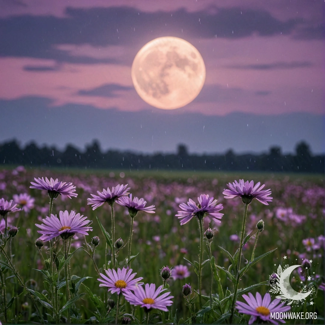 Крупный план цветов на спокойном поле на фоне розово-фиолетового неба с луной.