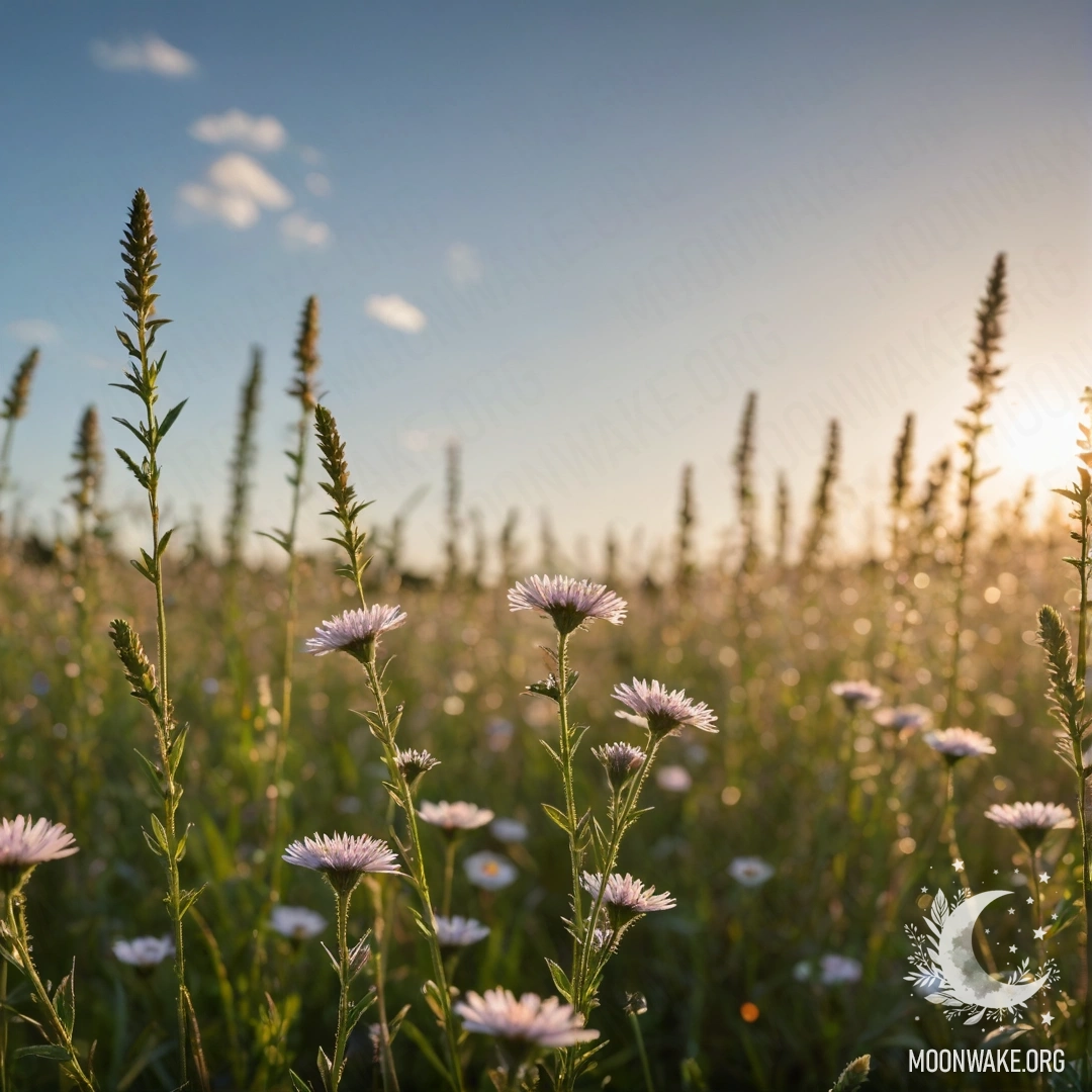 Крупный план нежных цветов на поле против размытого неба с солнечными бликами.