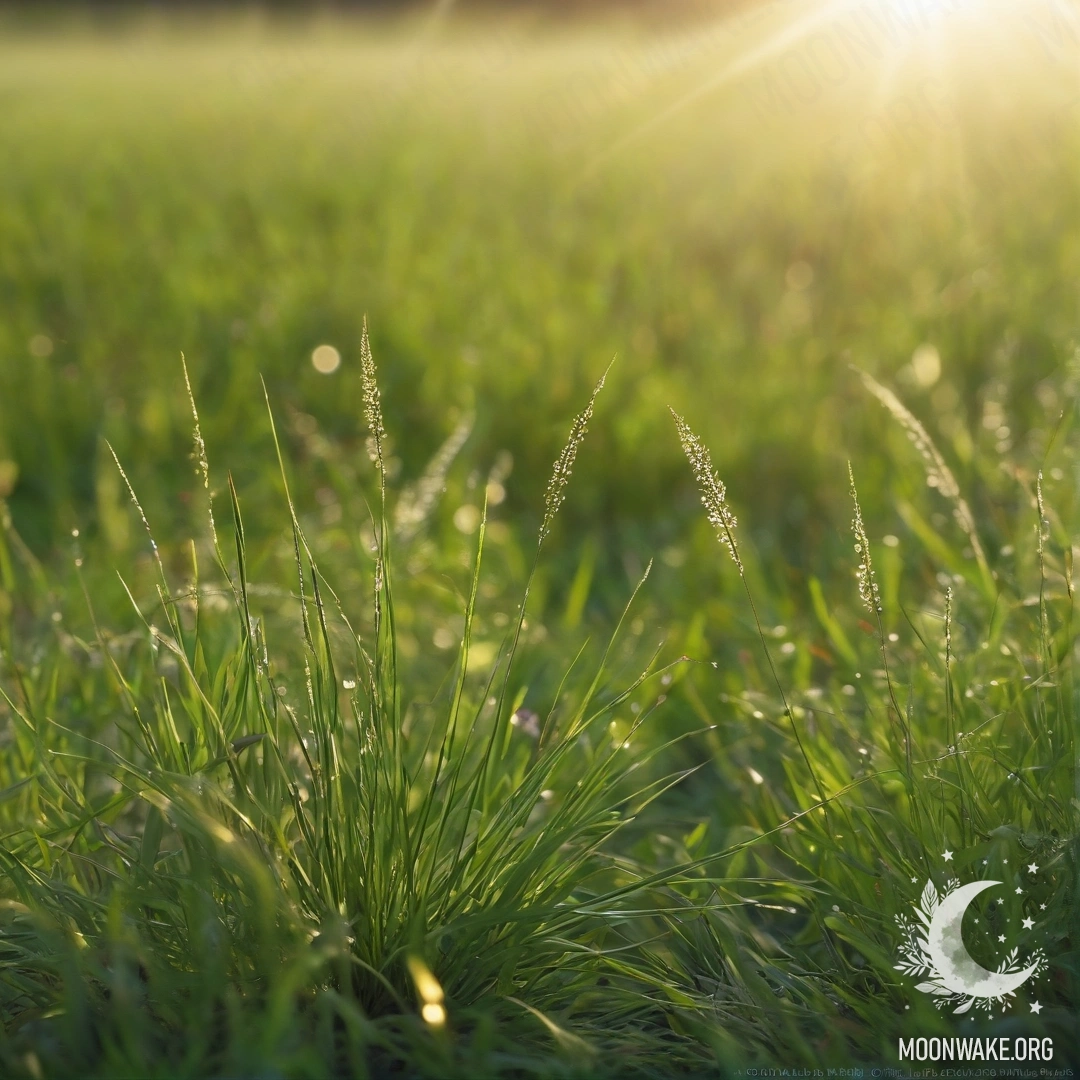 Крупный план травы с размытыми цветами и солнечными лучами на поле.