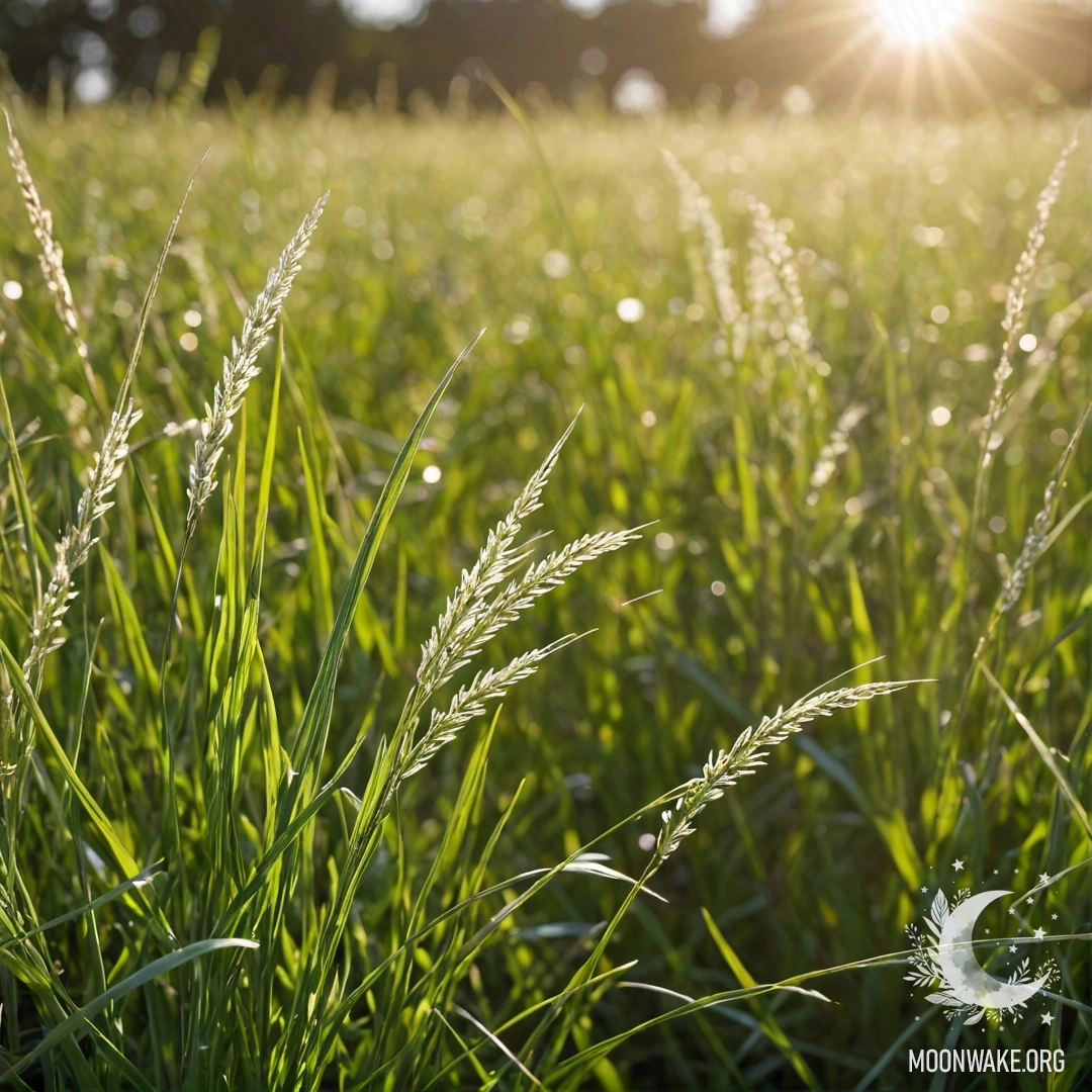Крупный план травы на спокойном поле с размытыми цветами на заднем плане под солнцем.
