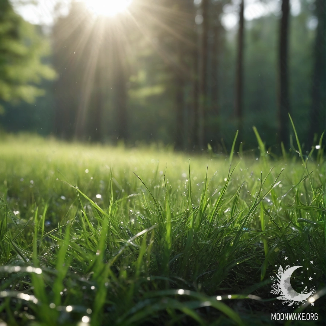 Крупный план нежной травы на спокойном поле с размытыми деревьями на заднем плане и солнечными лучами, пробивающимися сквозь листву.