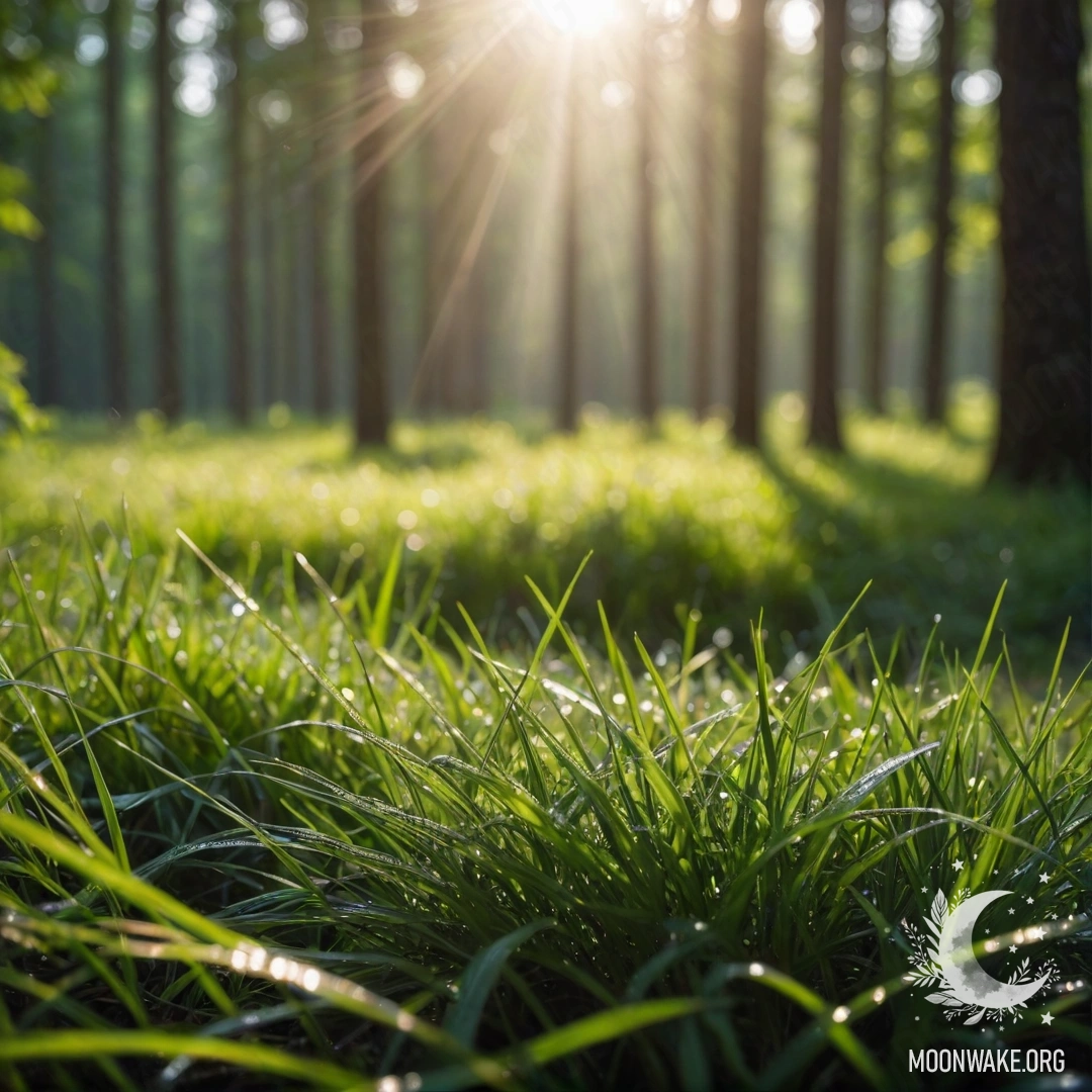 Крупный план травы на спокойном поле с размытым лесом на заднем плане и солнечными лучами, пробивающимися сквозь деревья.