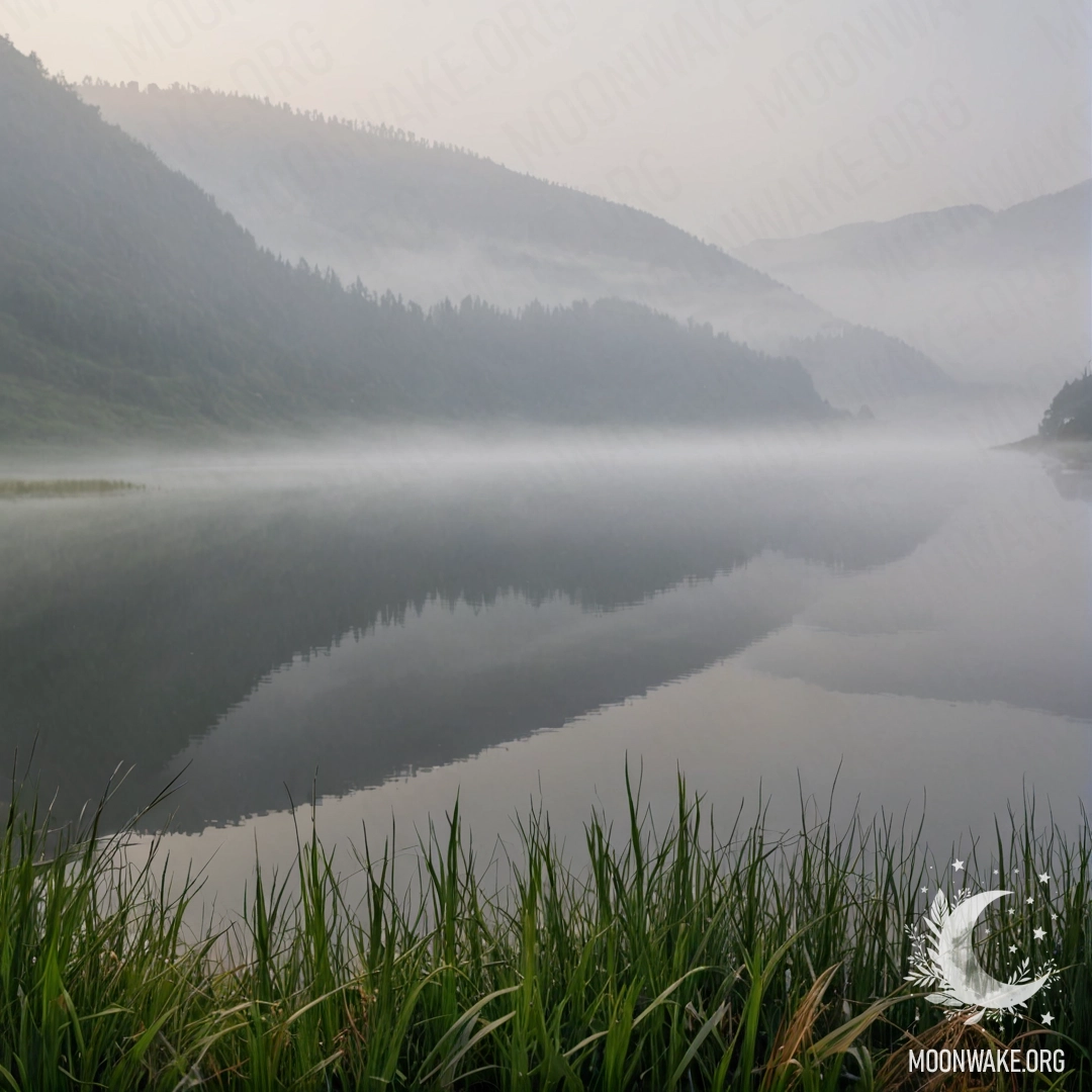 Крупный план травы на спокойном поле с туманным горным озером на фоне.