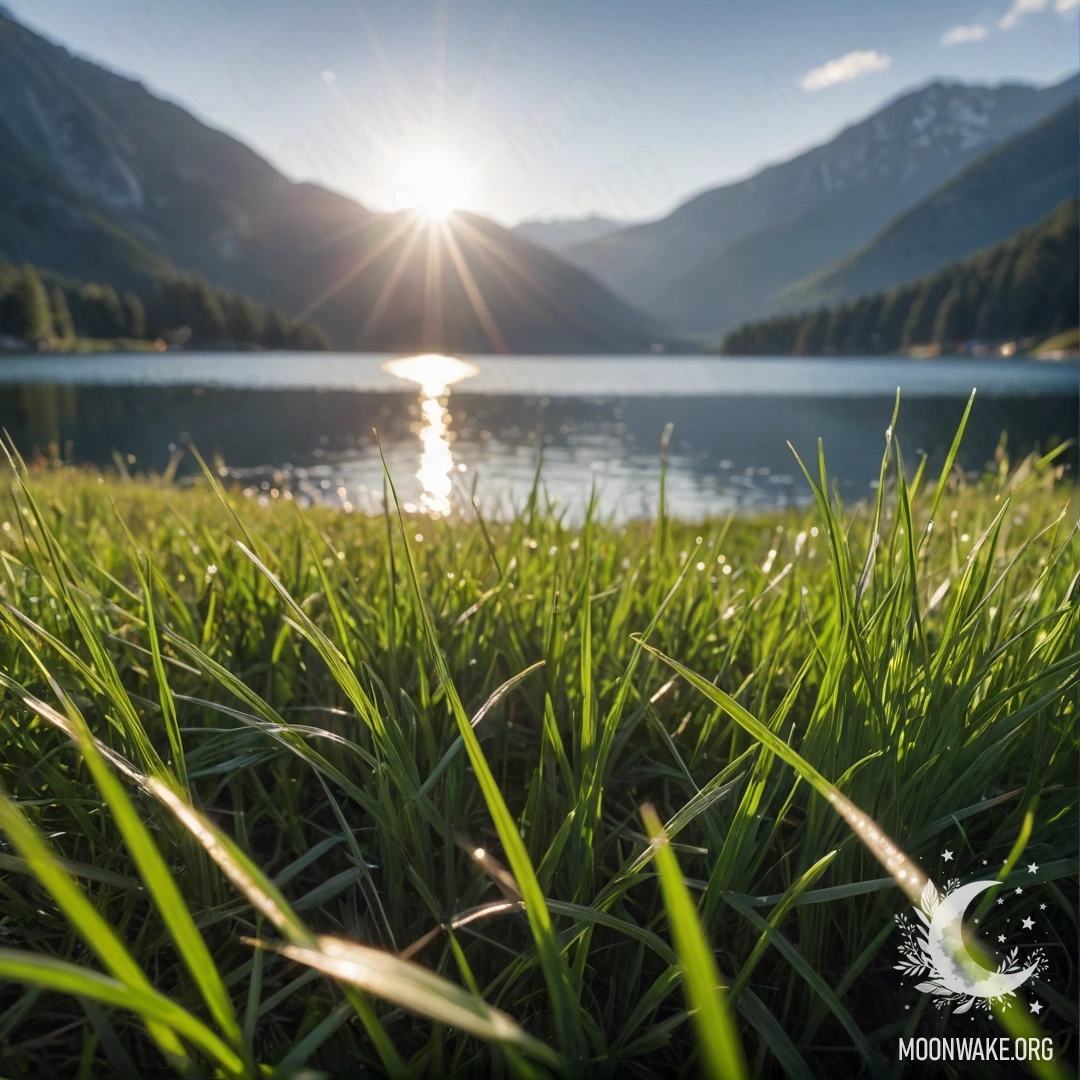 Крупный план травы на спокойном поле на фоне размытого горного озера с бликами света.