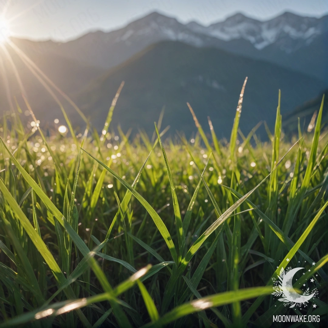 Крупный план травы на спокойном поле с размазанными горными пейзажами на заднем плане и бликами света.