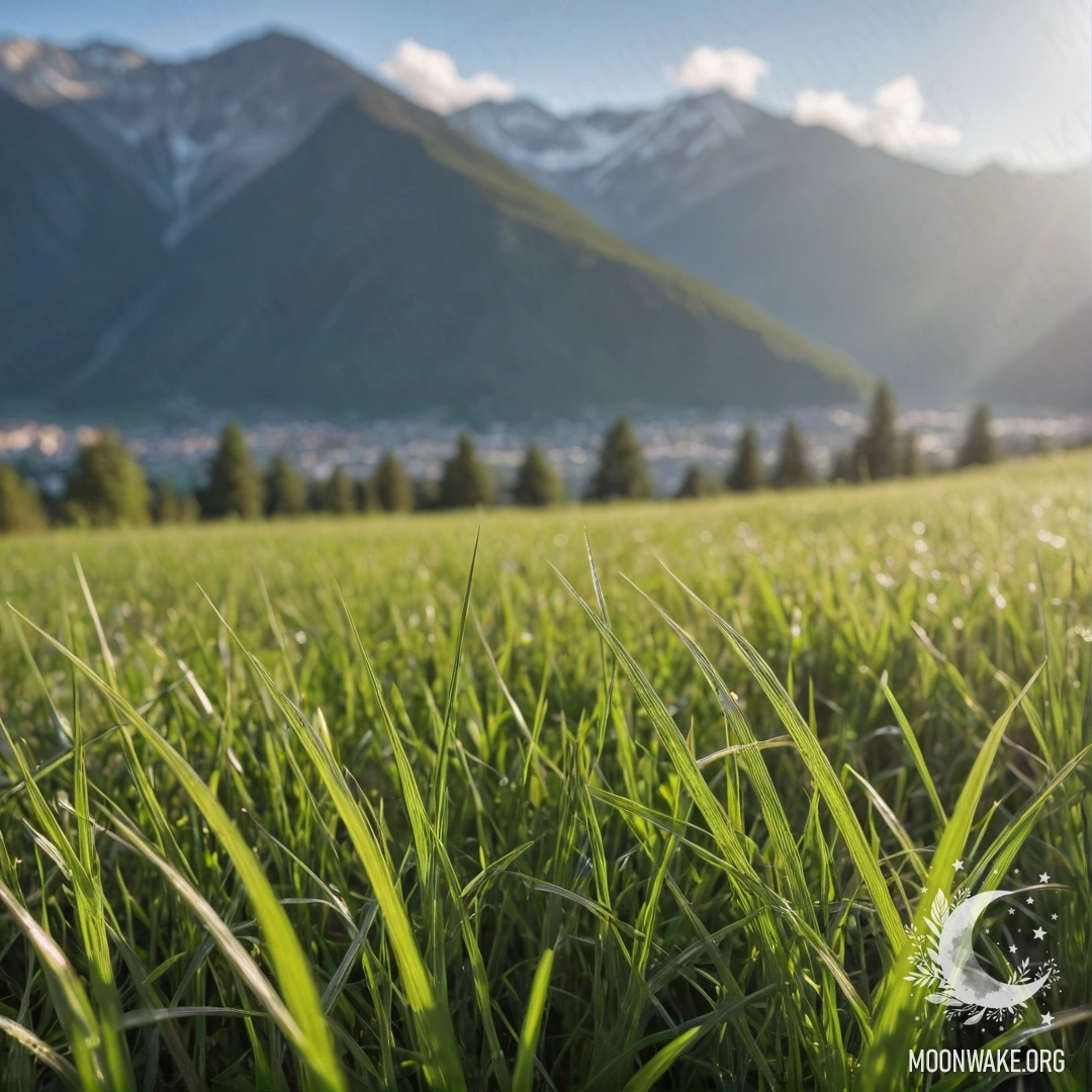Крупный план травы на спокойном поле с размытыми силами гор на заднем плане.