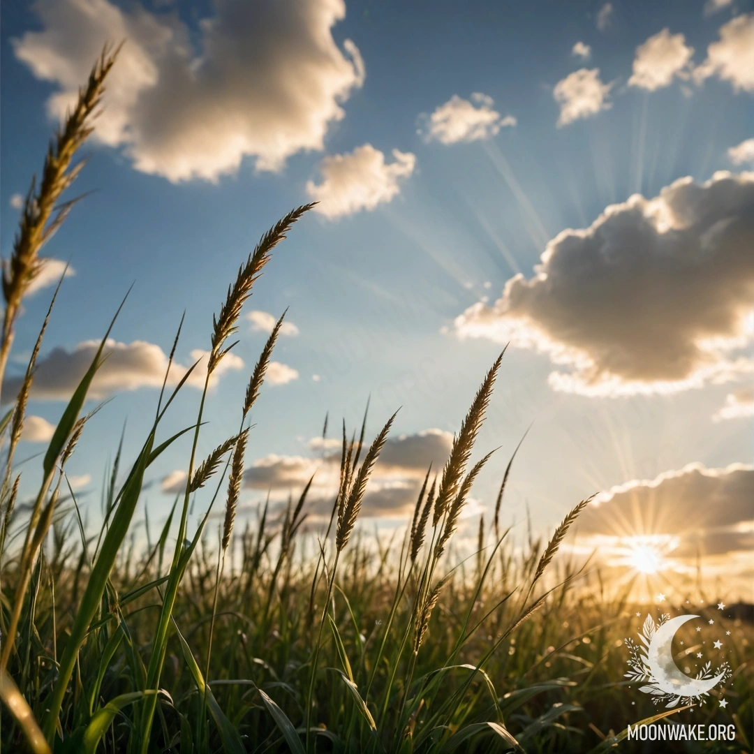 Крупный план травяного поля на фоне размытого неба с облаками и солнечными лучами.