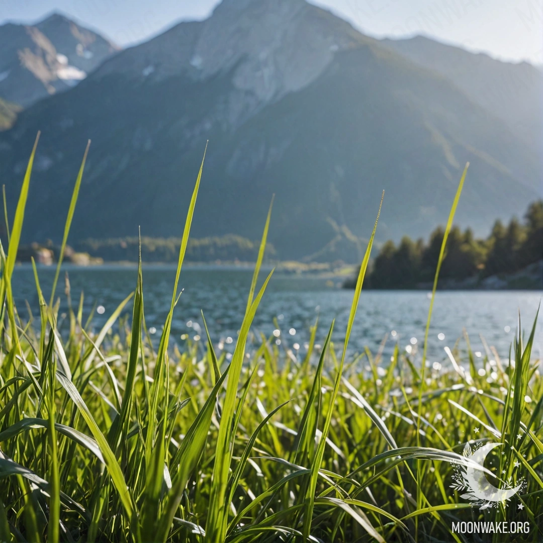 Макросъемка травы в спокойном поле с размытыми горами и озером на фоне под солнечным небом.