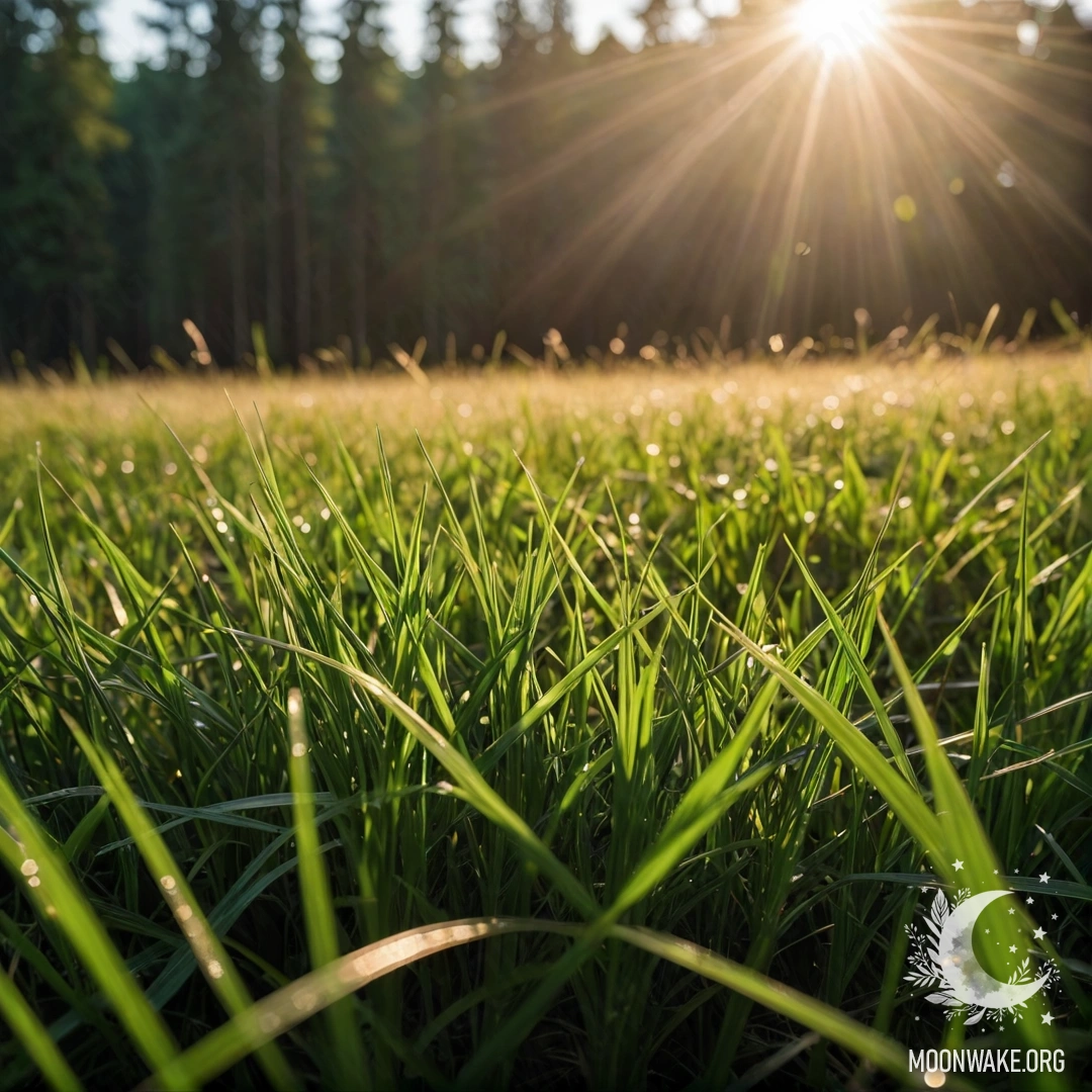 Крупный план трав на спокойном поле с размытым лесом и солнечными лучами ночью.