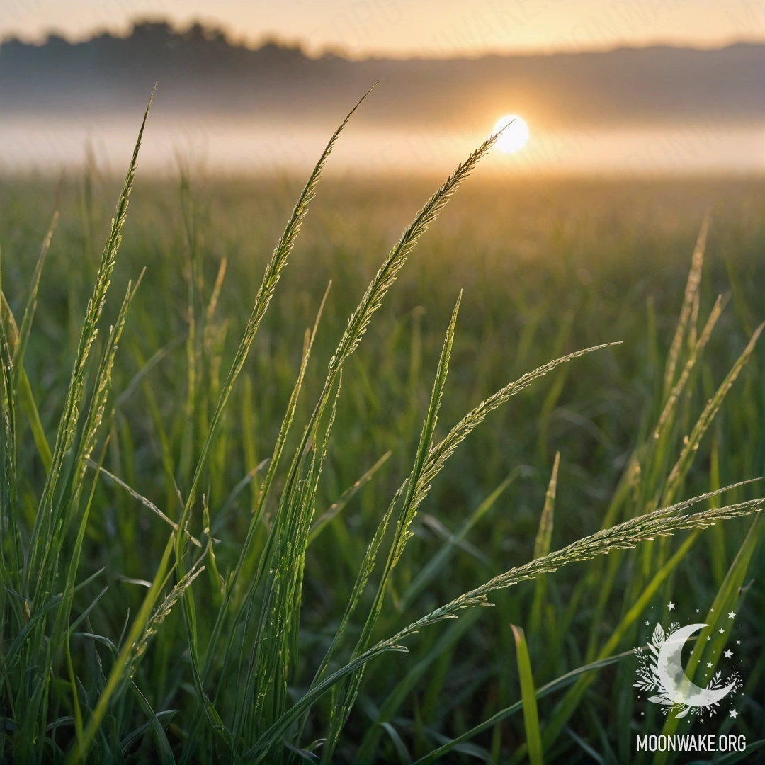 Крупный план травы на безмятежном поле с мягким туманным закатом на фоне.