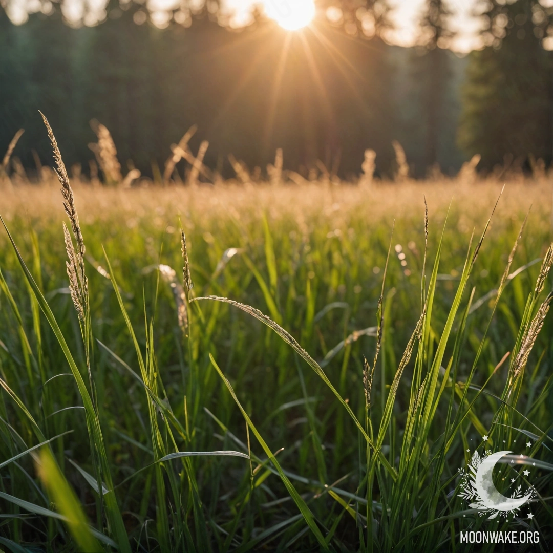 Крупный план травы на спокойном поле с размытым фоном леса на закате.