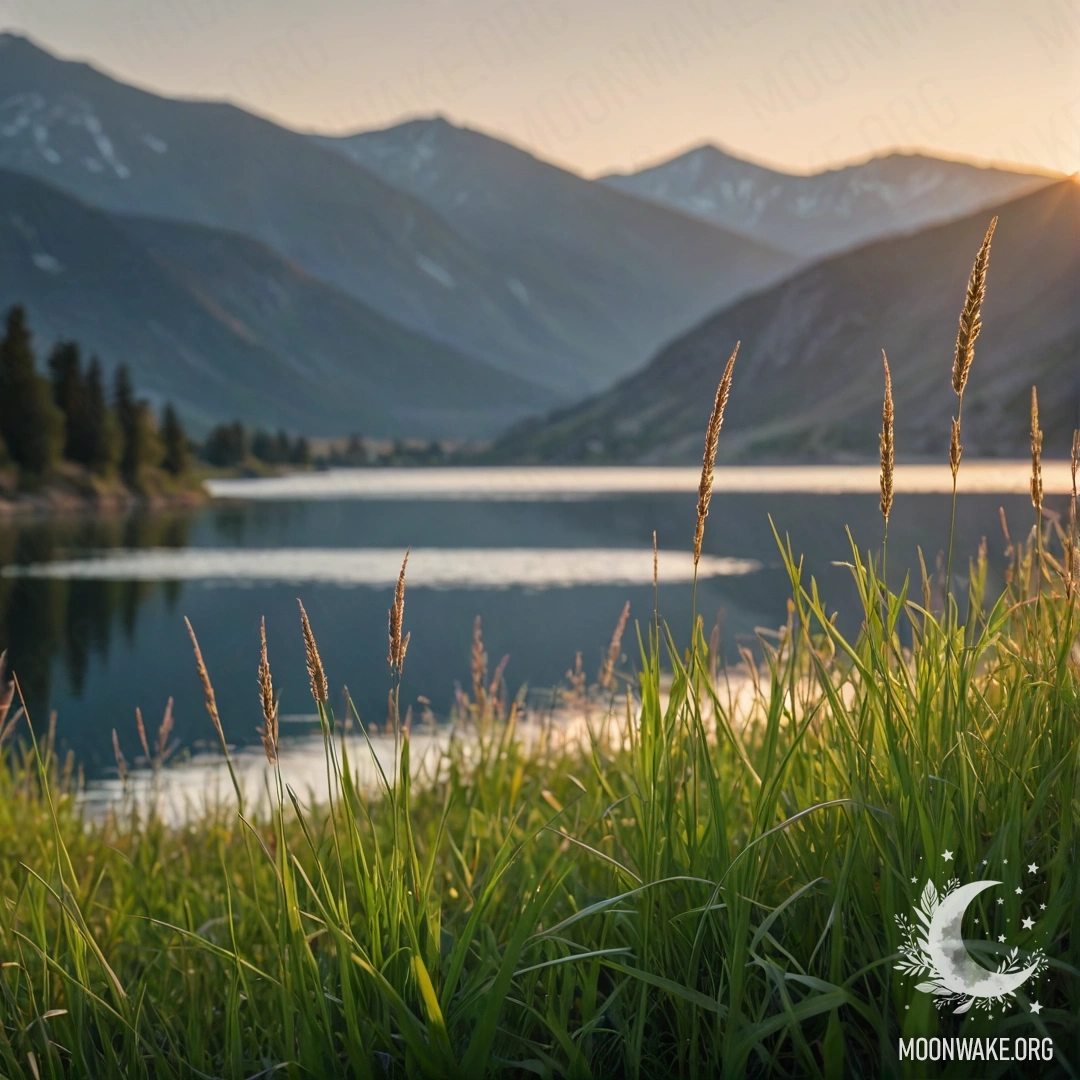 Крупный план спокойной травы на поле с размытыми горными пейзажами и озером на закате на фоне.