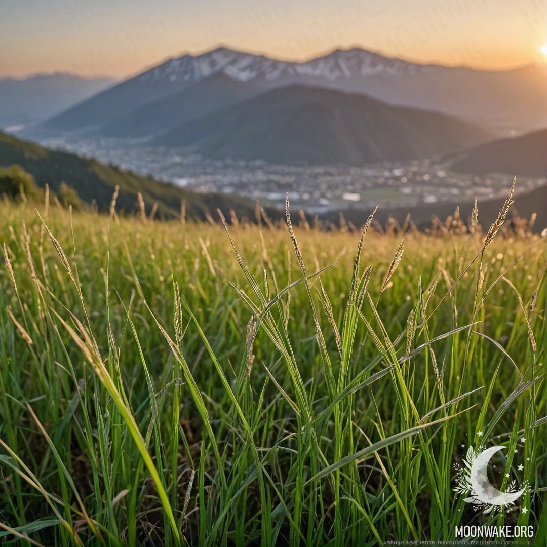 Крупный план травы в спокойном поле с размытыми горами на заднем плане во время заката.