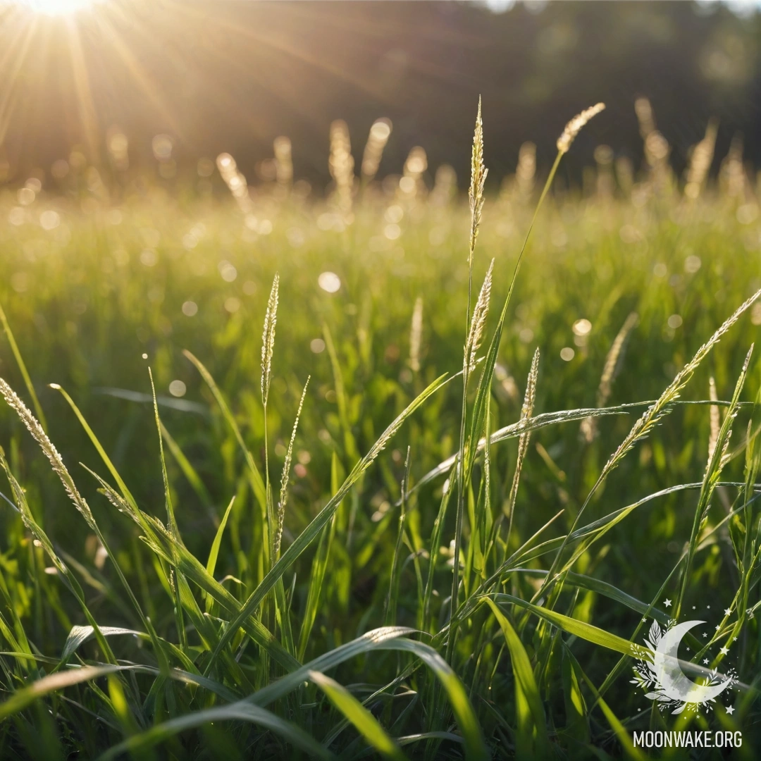 Макросъемка травы на фоне размытия цветов с солнечными лучами, пробивающимися сквозь листву.
