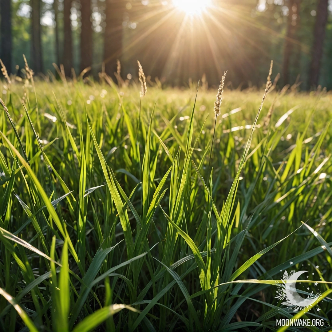 Крупный план спокойного травяного поля на фоне размытого леса и солнечных лучей.
