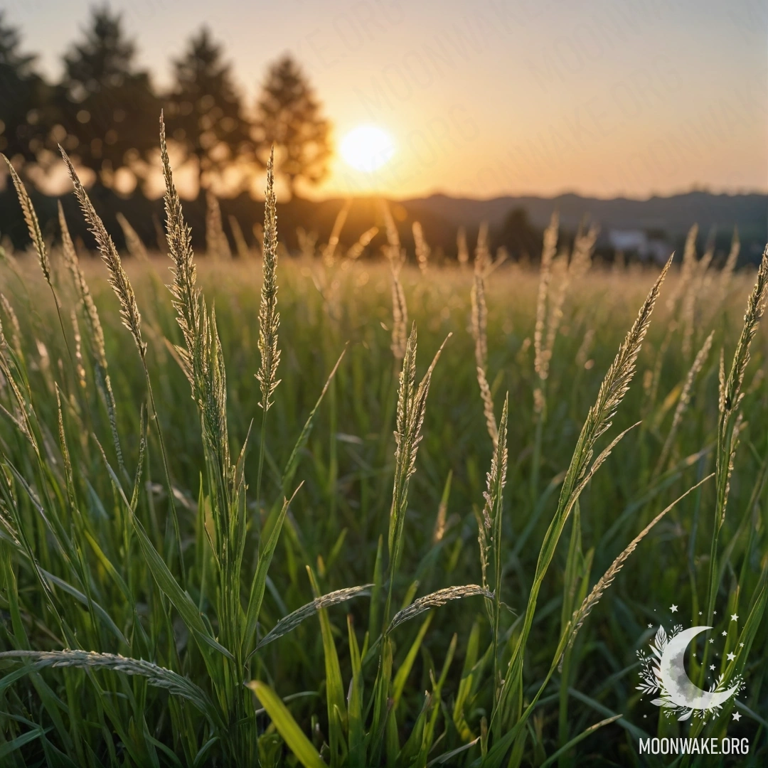 Крупный план травы на спокойном поле с боке заката на заднем плане.