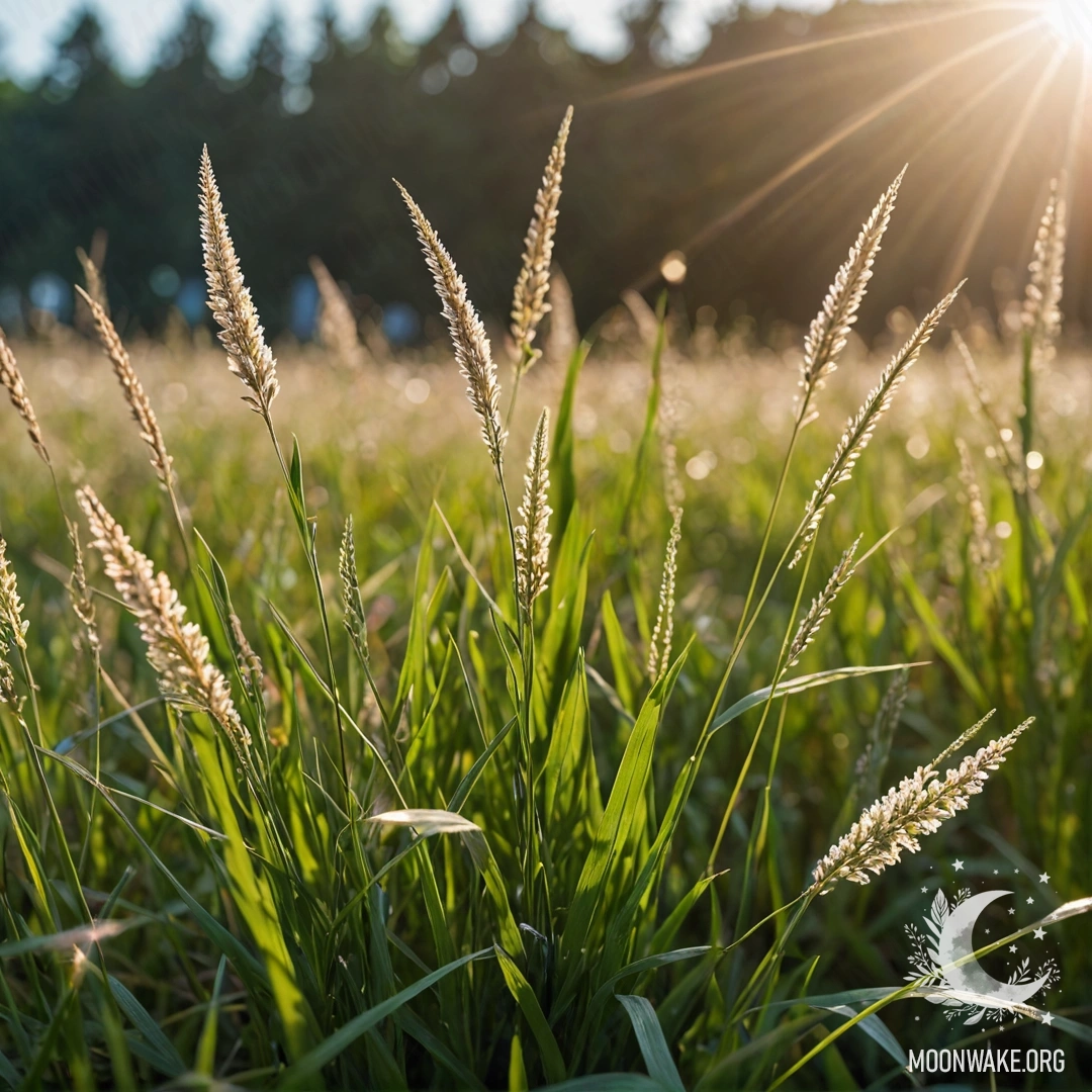 Крупный план травы на спокойном поле с размытыми цветами и отражениями света.