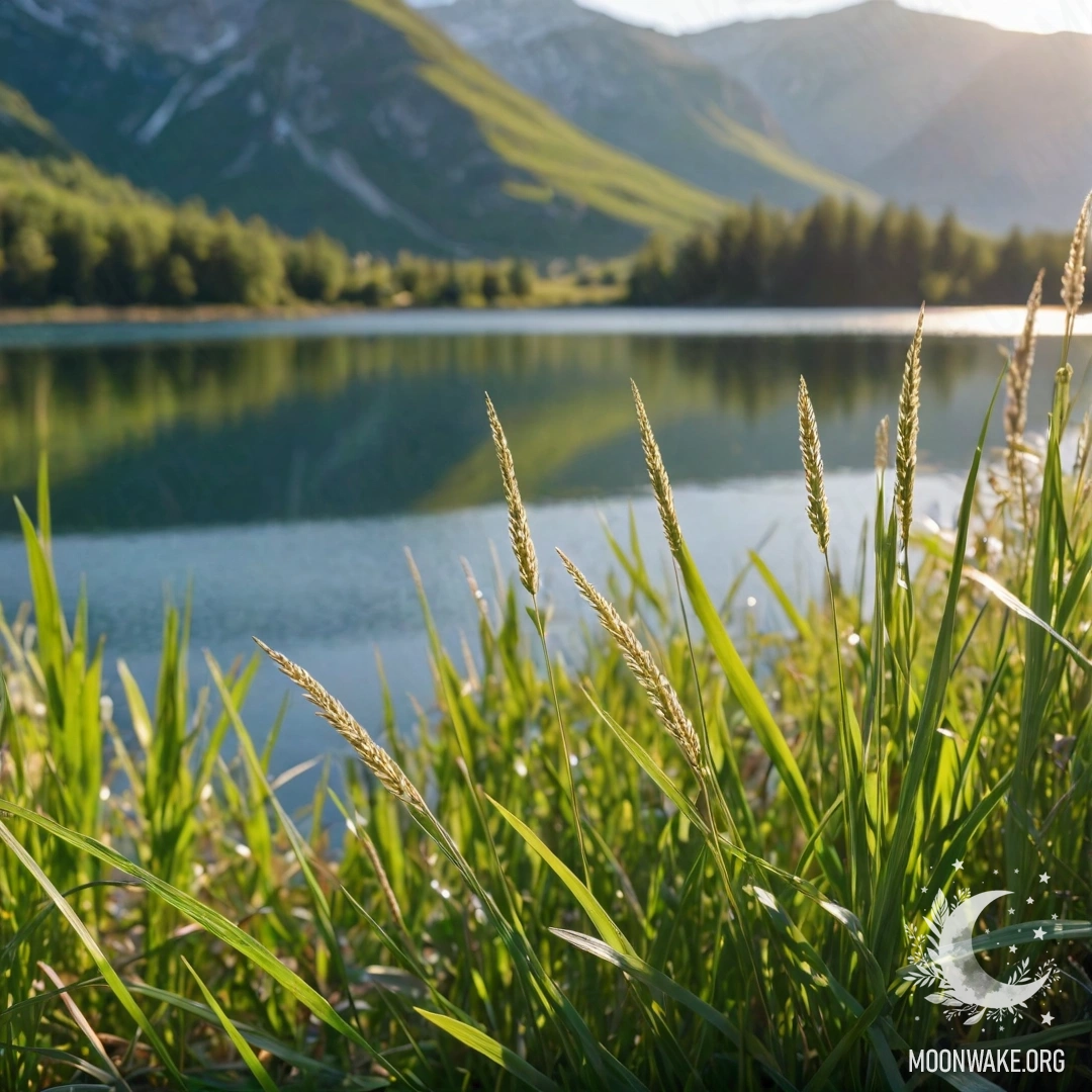 Крупный план зеленой травы на спокойном поле с боке горного озера на солнечном дне.