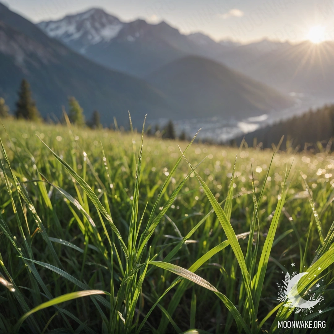 Близкий план спокойного поля травы на фоне размытого горного пейзажа.