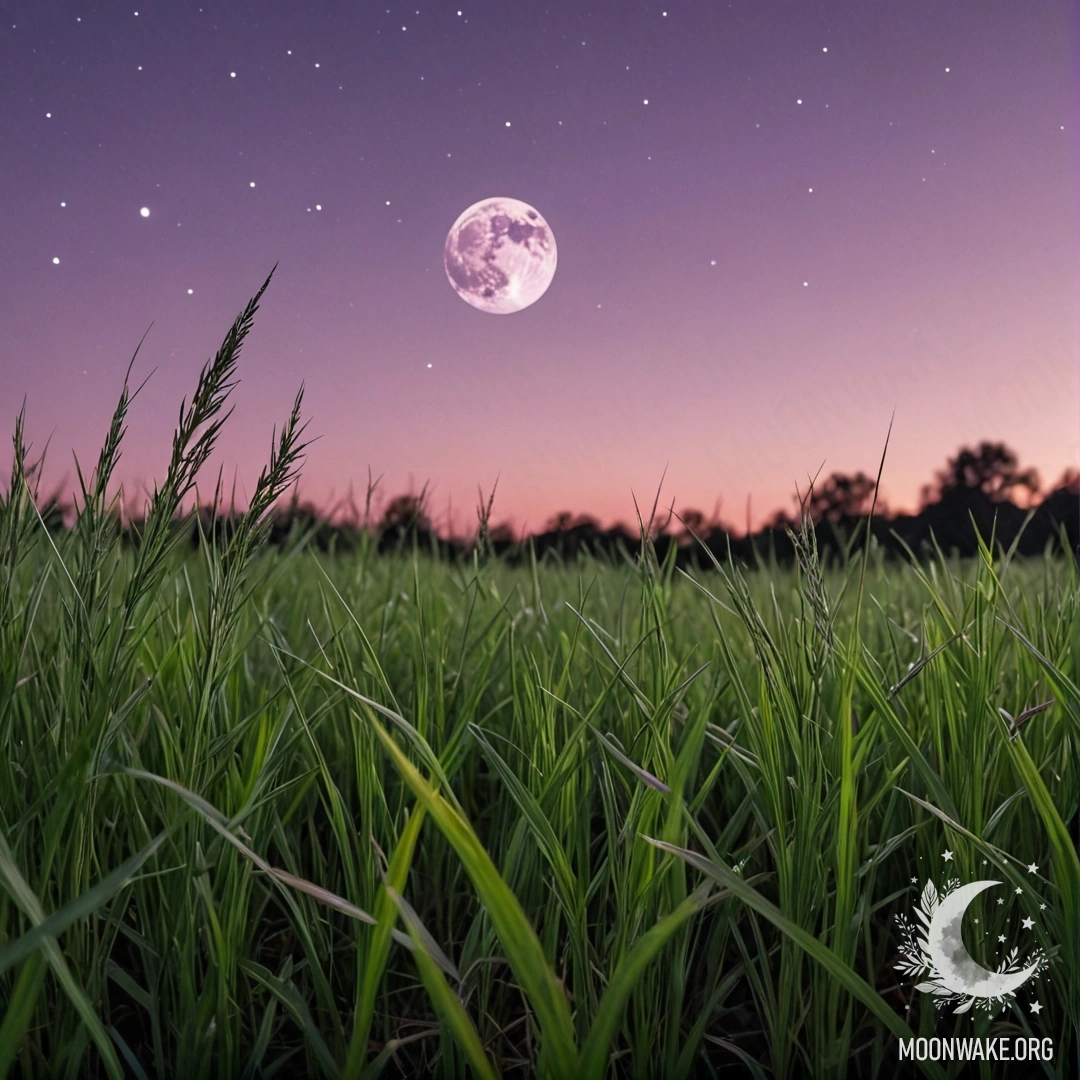 Крупный план травы в спокойном поле на фоне розово-фиолетового неба с луной ночью.
