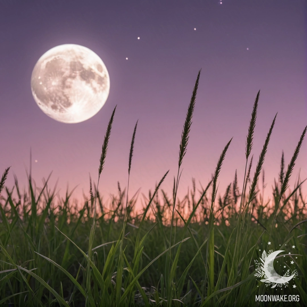 Крупный план зеленой травы на спокойном поле с розовым и фиолетовым небом и луной.