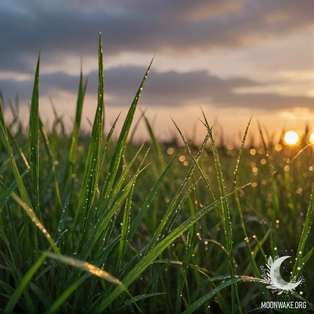 Крупный план травы на спокойном поле, освещённого закатным боке, с нежными каплями дождя, сверкающими на солнце.