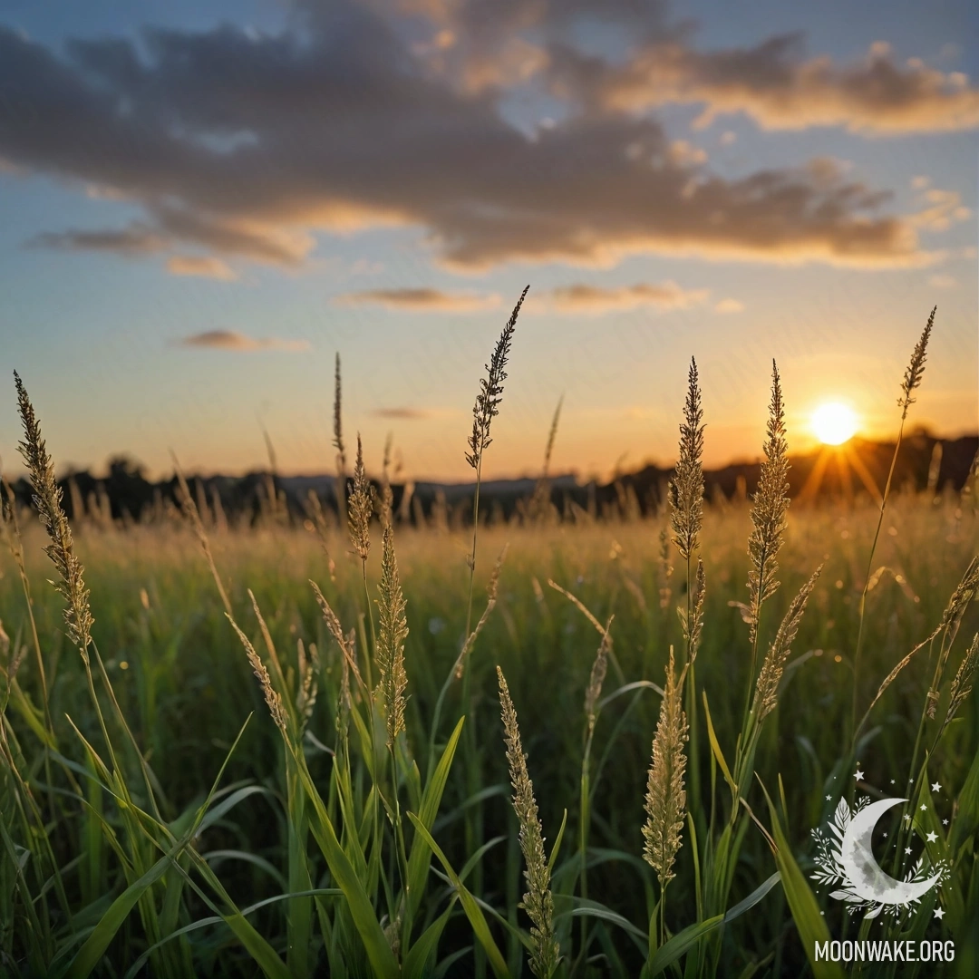 Крупный план травы на спокойном поле на фоне боке неба с облаками на закате.