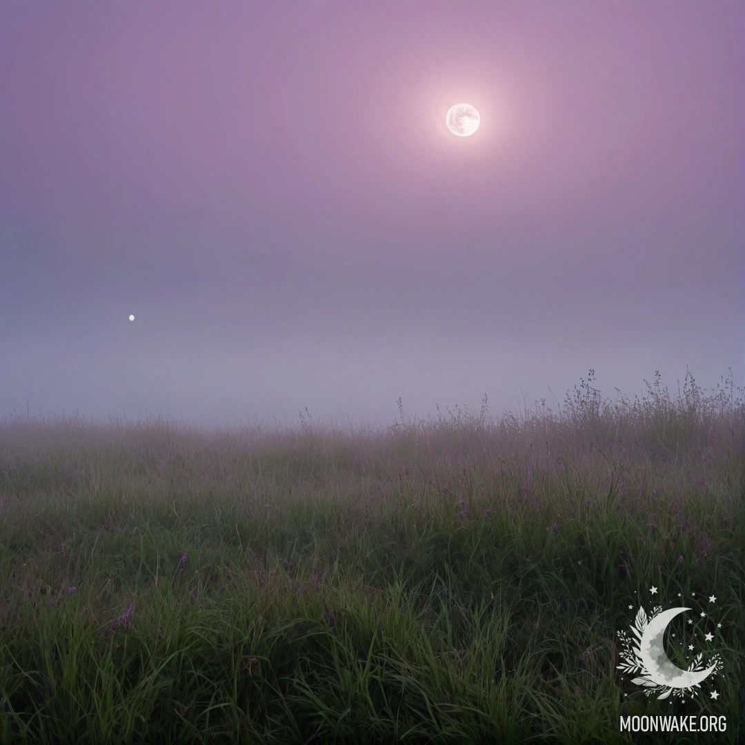 Крупный план травы на тихом поле с розово-фиолетовым небом и луной на фоне.