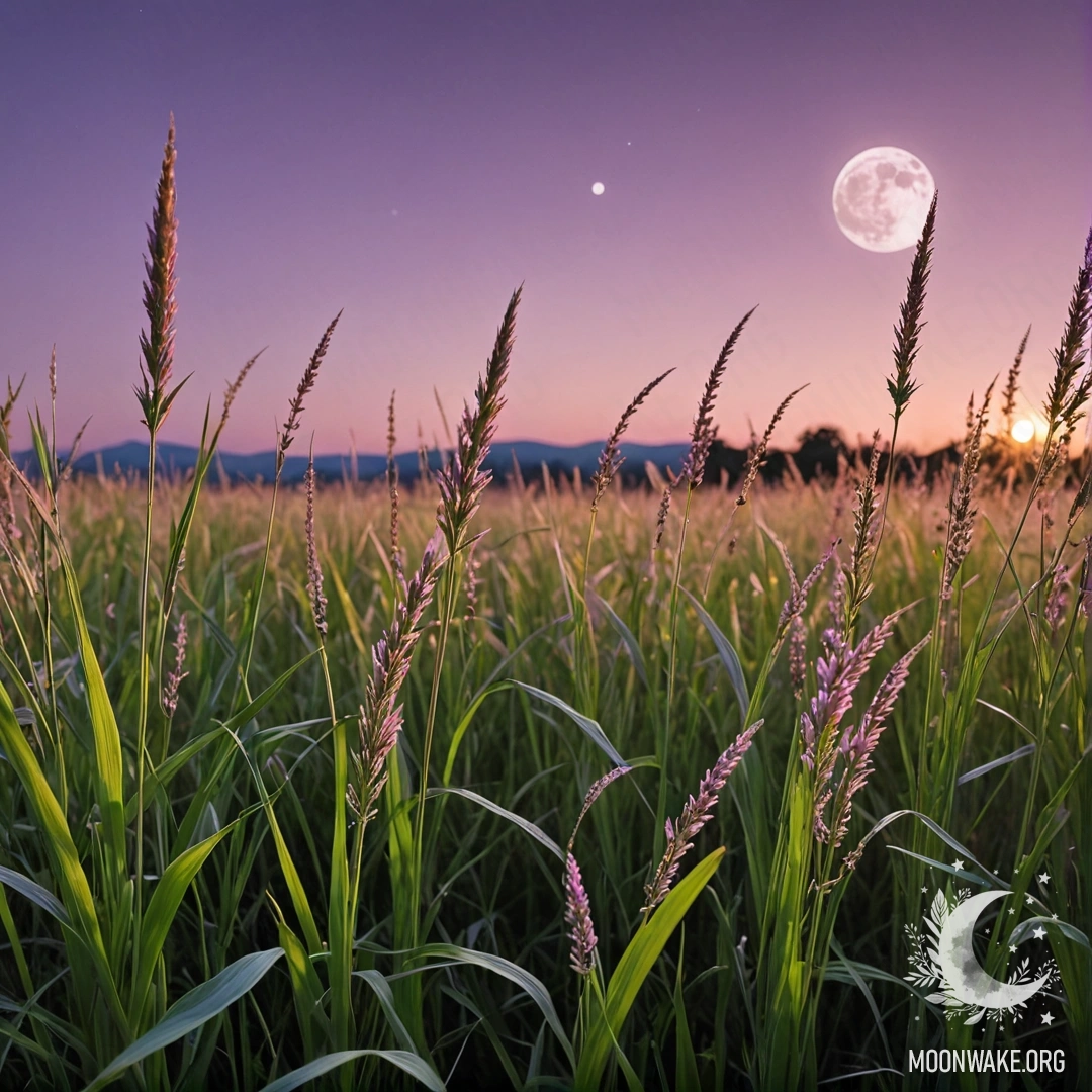 Крупный план травы на спокойном поле с розово-фиолетовым небом и видимой луной.
