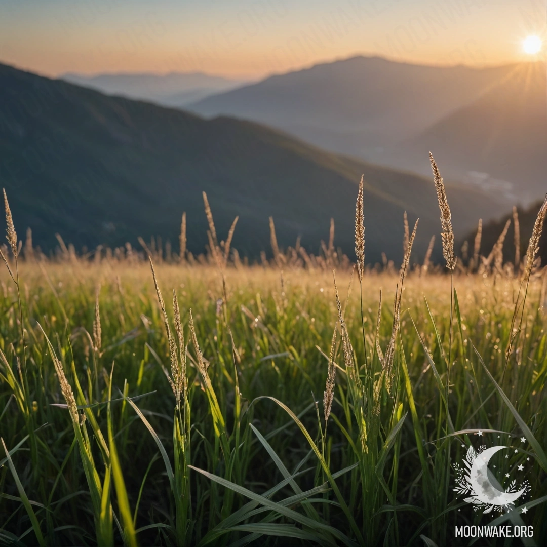 Крупный план травы на спокойном поле с размытыми горами на фоне во время заката.