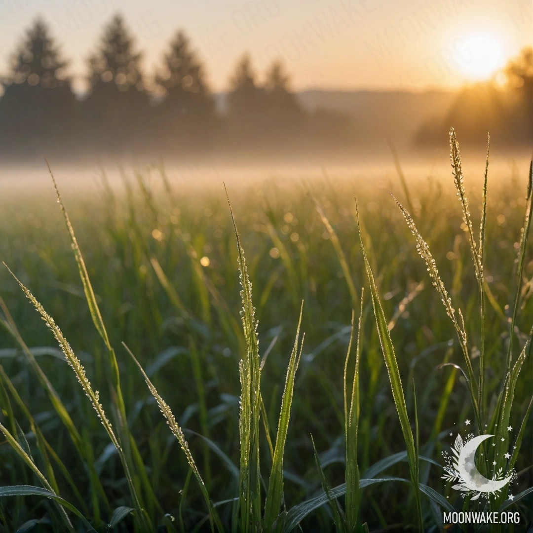 Крупный план травы на спокойном поле с размытым фоном и туманом на закате, через который пробиваются солнечные лучи.