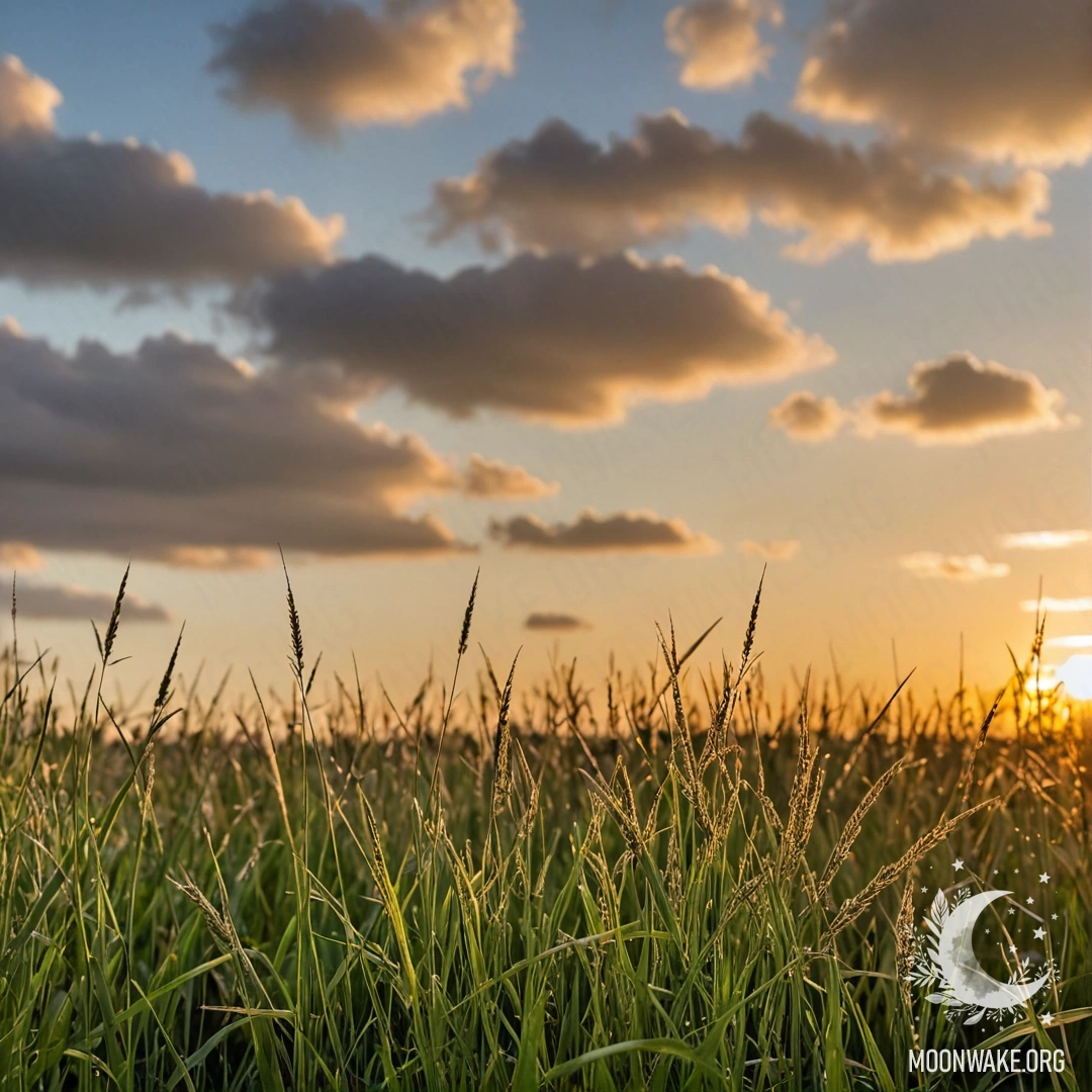 Крупный план травы на тихом поле с размытим небом на закате.