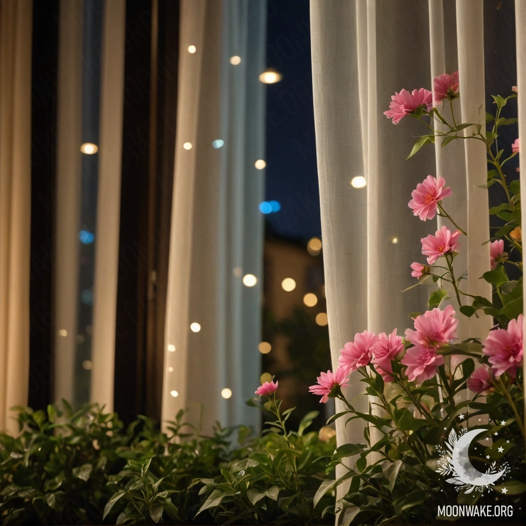 Крупный план цветочной занавески перед окном с размытым видом цветущего сада снаружи в ночное время.