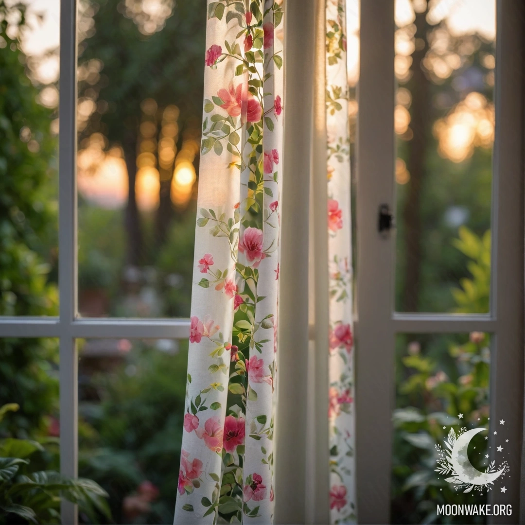 Крупный план цветочной занавески возле окна, выходящего на цветущий сад на закате.